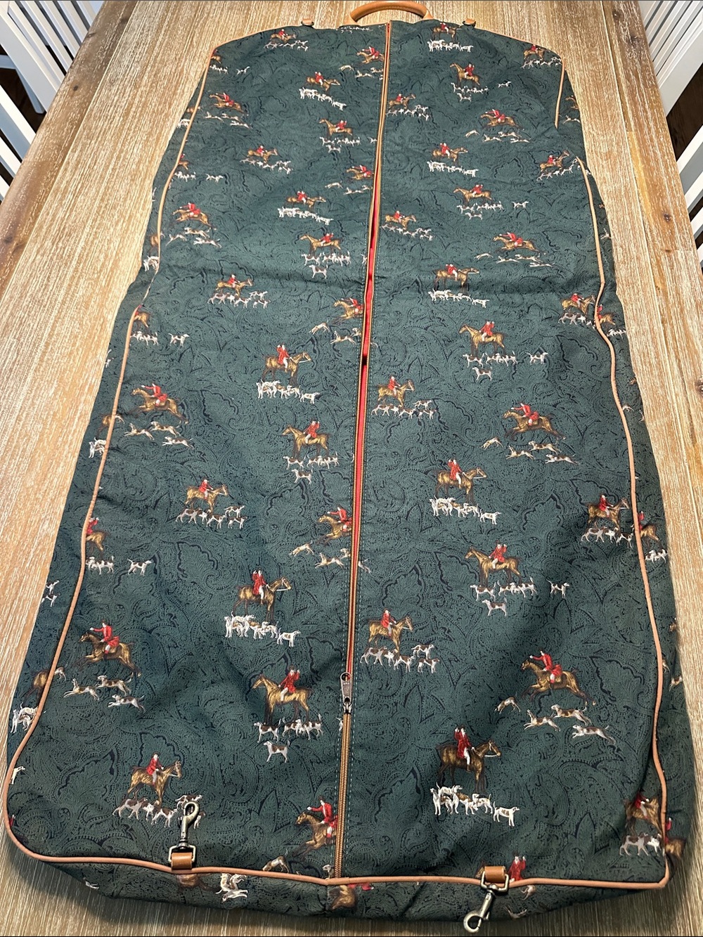 Vintage Equestrian Fox Hunt Scene Leather Trim Garment Bag Americana Collection